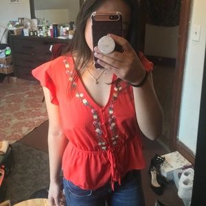 Floral Flutter Sleeve Tie-Top